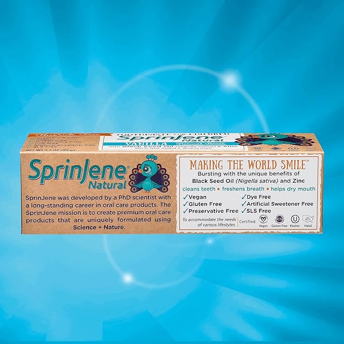 SprinJene Natural Children’s Toothpaste – Fluoride Free Vanilla Toothpaste for Toddlers & Kids – Gentle Safe Natural Formula with Patented Black Seed Oil & Zinc – Made in The USA (4 Pack)