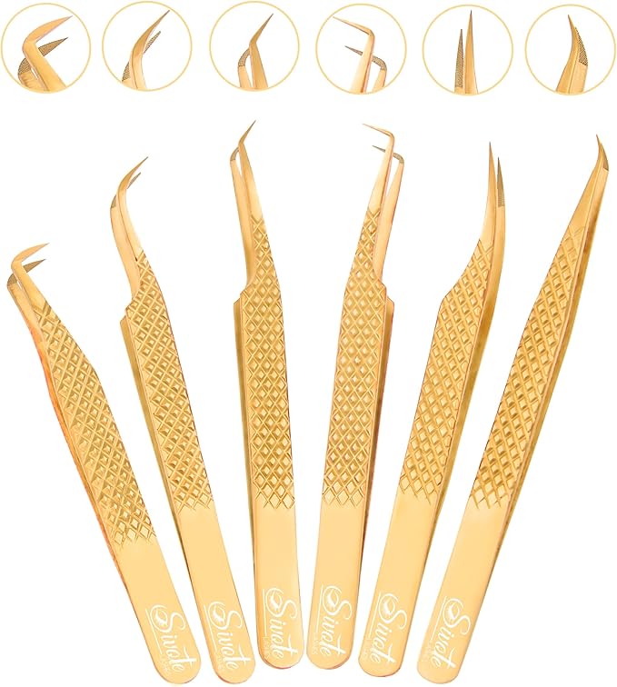 SIVOTE Eyelash Extension Tweezers Fiber Tips Japanese Steel, Set of 6, Curved, Dolphin, 90 Degree 45 Degree, Volume Boot & Slight Curved Tweezer, Gold