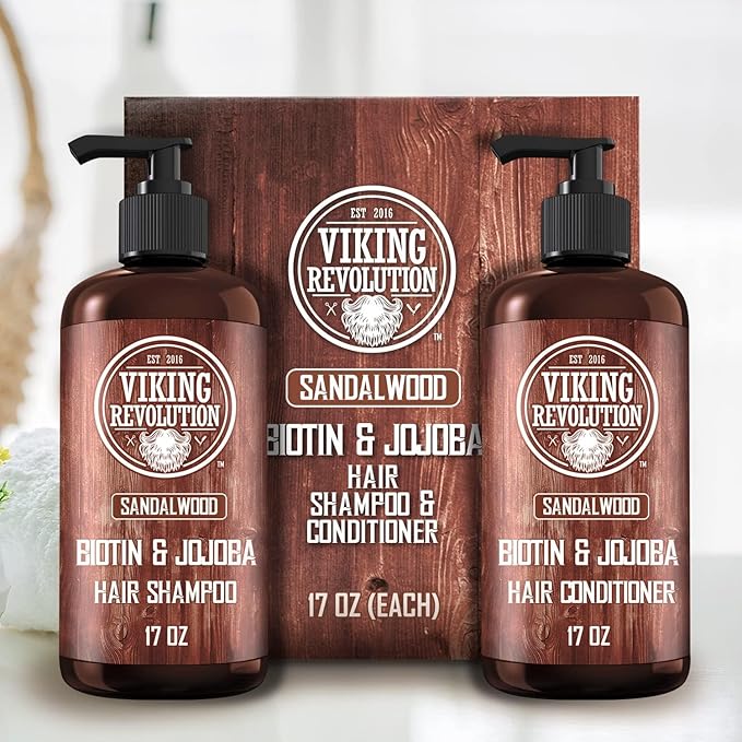 Viking Revolution Sandalwood Shampoo and Conditioner Set with Biotin and Jojoba Oil - Natural Hair Shampoo and Hair Conditioner for Men with Vitamin B5 (17 Oz)
