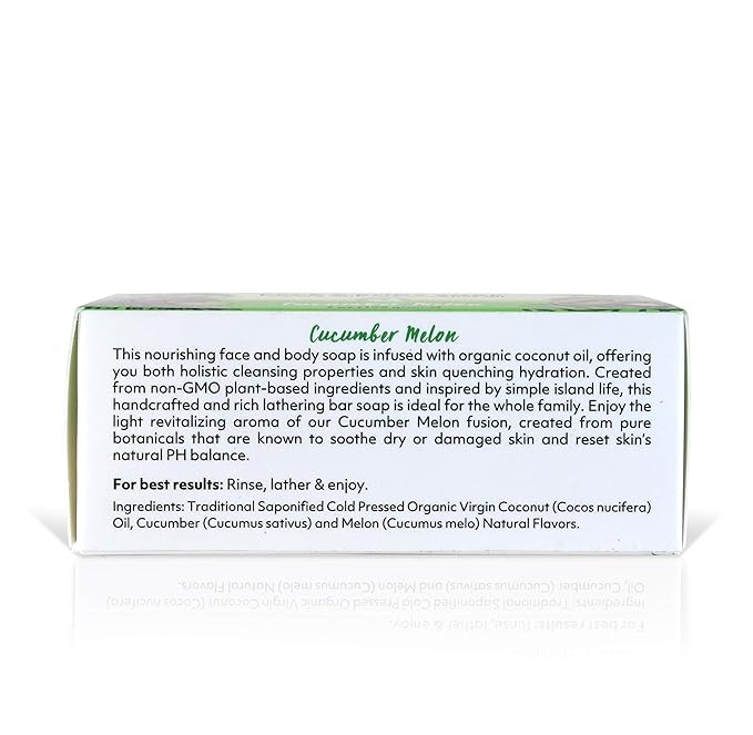 Coco Fiji Soap Bar for Face and Body Infused With Organic Coconut Oil, Cucumber Melon, Essential Oil, Natural Soap for Moisturizing & Pore Purifying Skin, 7 oz,Pack of 2