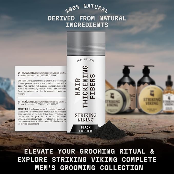 Striking Viking Hair Building Fibers - 28g, Black - Fuller Look Thinning Hair Fibers - Bald Spot Concealer & Barber Enhancement - Clump-Proof Powder & Hold Spray