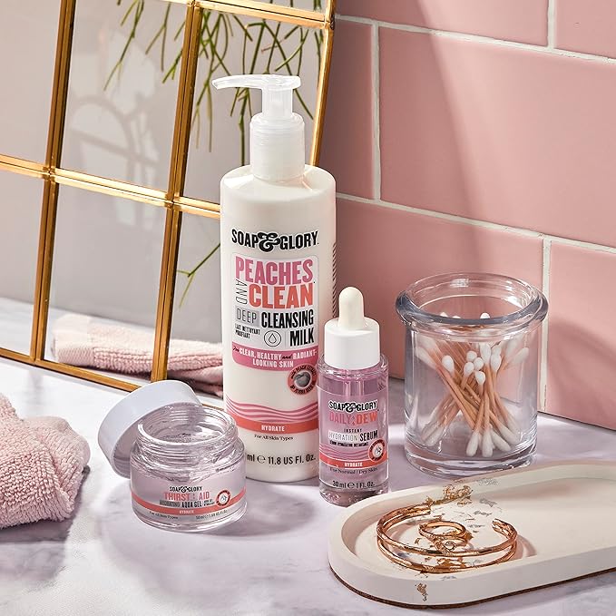 Soap & Glory Peaches & Clean Cleansing Milk - Gentle Face Cleanser + Makeup Remover with Jojoba Oil and Peach & Ginseng Extracts - Hydrating Face Wash for Women for Soft, Radiant Skin (11.8 oz)