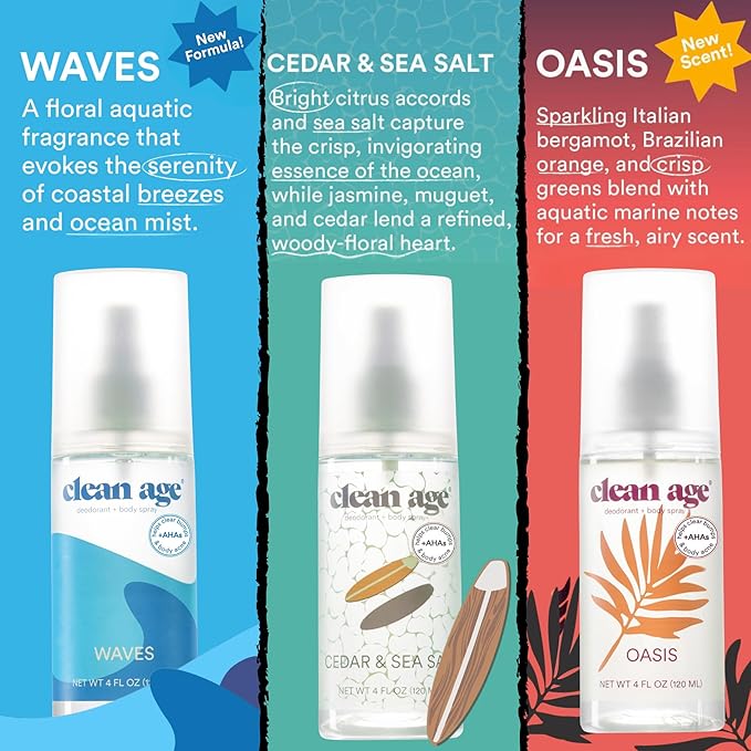Aluminum Free Deodorant & Body Spray for Whole Body - 3 Pack 4oz ea - Coastal Vibes (Cedar, Oasis and Waves) - Clean Deodorant and Body Spray for Teen Boys and Girls