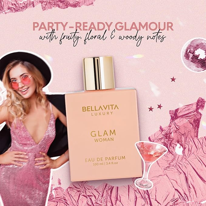 BellaVita Luxury GLAM Perfume for women | Notes of African Orange, Jasmine & Patchouli | Long-Lasting Floral & Woody Fragrance | Premium Perfume Oil imported from France, 100ml