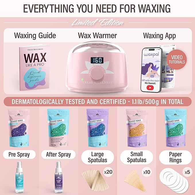 Tress Wellness Waxing Kit for Sensitive Skin – Safe for Face & Skin, Prep & Aftercare Spray, Easy to Use – At-Home Kit for Face, Bikini, Brazilian & Full Body - Digital Display, Pink