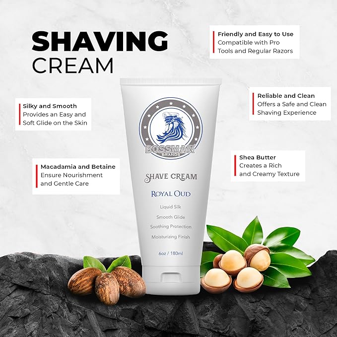 Bossman Liquid Silk Shave Cream for Men – Sensitive Skin Formula, Smooth Glide, & Soothing Protection – Moisturizing Finish (Royal Oud Scent)