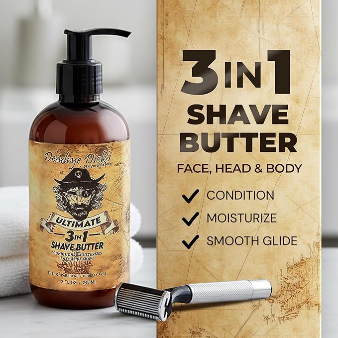 DeadeyeDick's 3-in-1 Shave Butter | Natural Shave Cream for Face, Head & Body | Gentle, Non-Irritating Formula for All Skin Types | 8 FL OZ