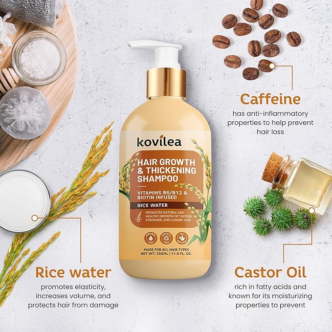Rice Water Hair Growth Shampoo, Natural Rice Water Thickening & Regrowth Formula for Men & Women - Infused with Biotin, Castor Oil, Rosemary, For Weak, Brittle, Thinning Hair & All Hair Types 11.8 Oz