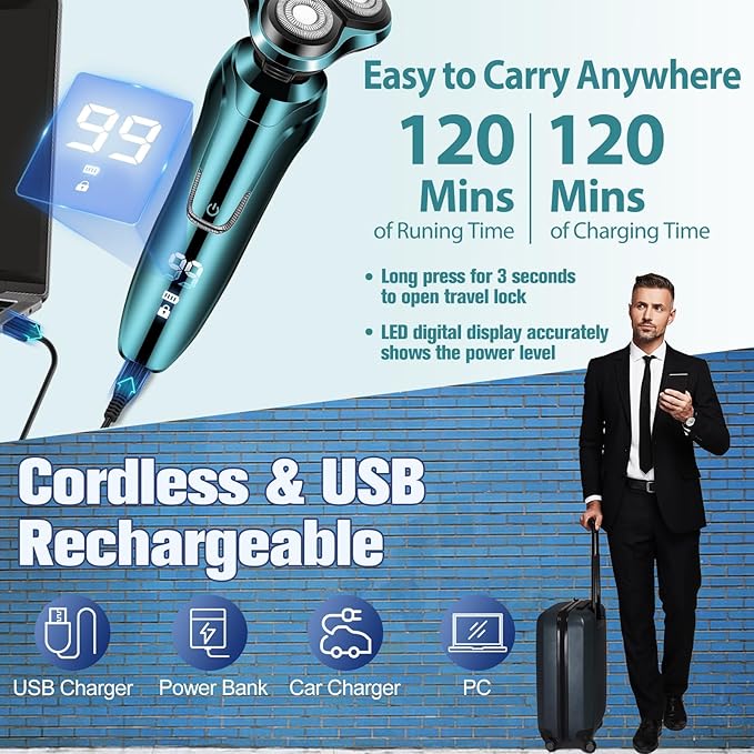 Electric Razors for Men, 3 Floating Heads Waterproof Wet Dry Shaver for Men, LED Display Cordless Rechargeable Electric Razor, Portable Travel Shaver for Face Beard Grooming