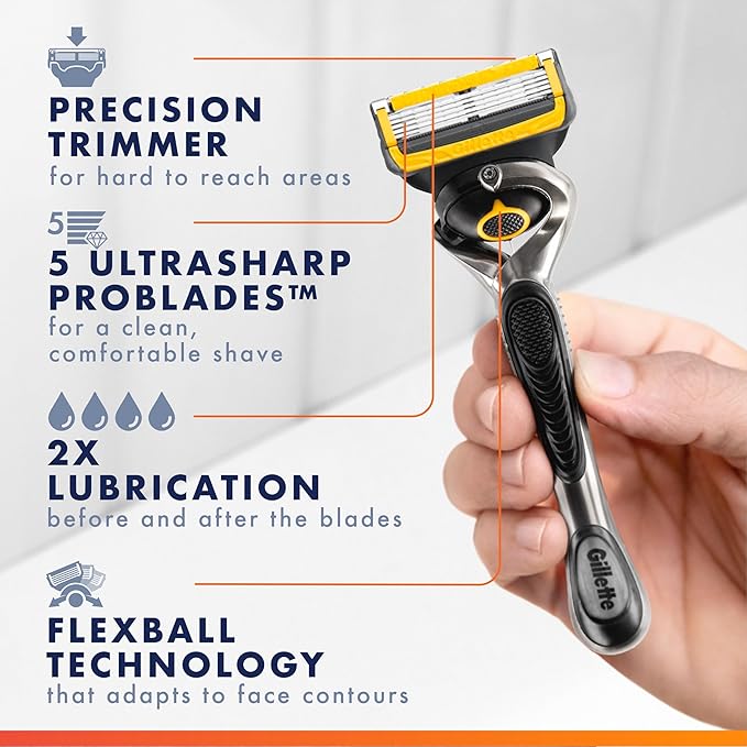Gillette Fusion5 ProGlide Shield Shaving Razor for Men, 1 Power Razor Handle, 1 Refill, 2x Lubrication, Battery-Powered with FlexBall Handle and Precision Trimmer for Men
