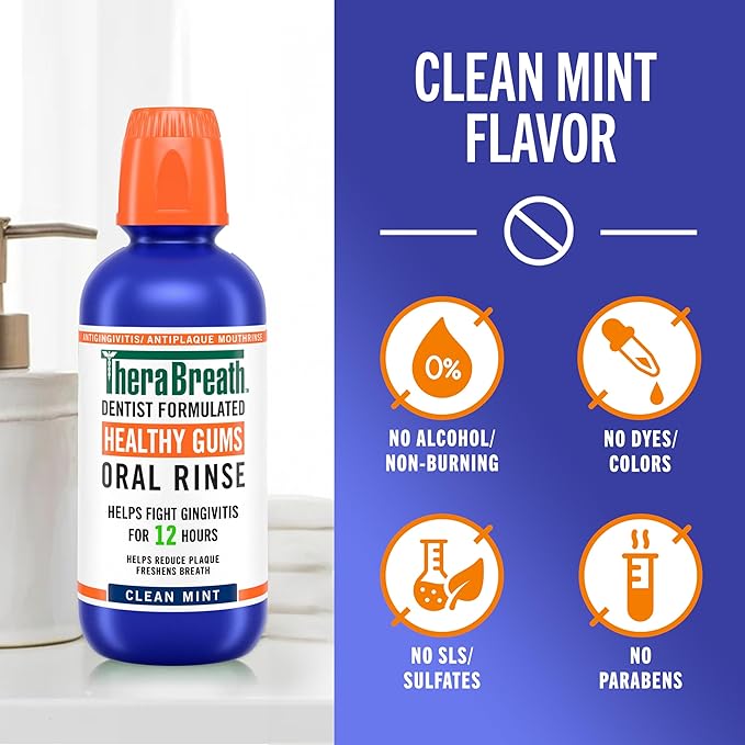 TheraBreath Healthy Gums Oral Rinse, Antigingivitis, Clean Mint Flavor, Dentist Formulated to Help Prevent Gingivitis and Support Gum Health, Alcohol Free, 1 Liter