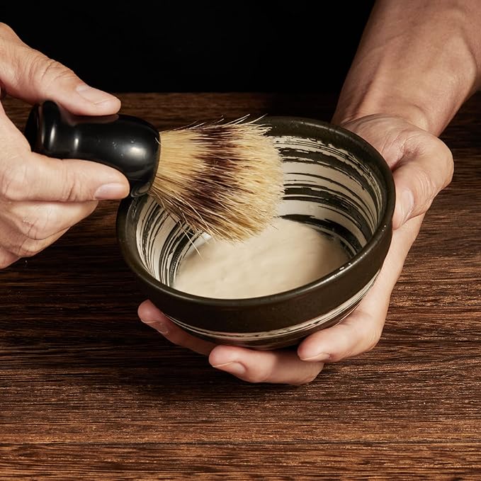 Vintage Design Handmade Pottery Shaving Bowl Thicken Ceramic Soap Bowl for Whipping Up The Best Foam Lather Large Size Black 4.5" (Black White)