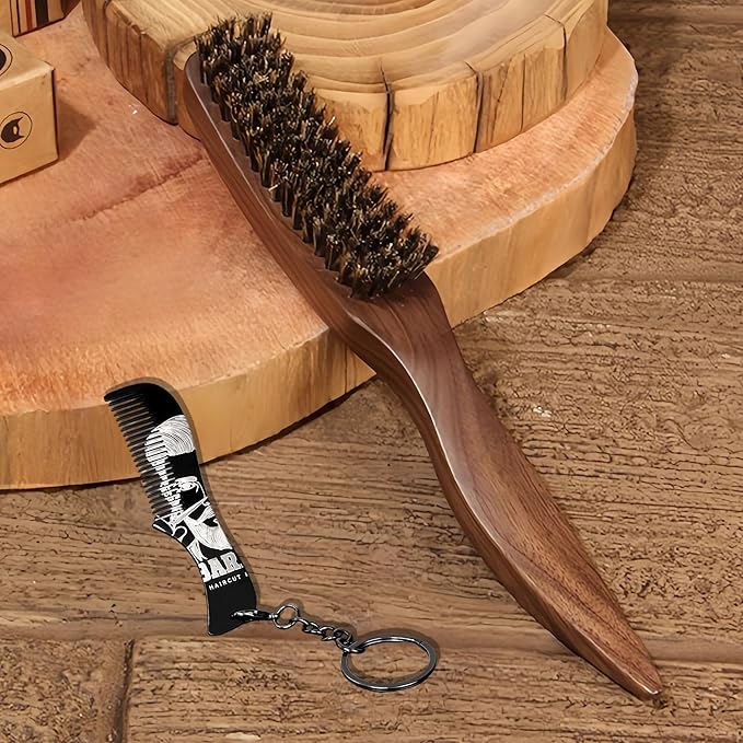 Men's Stiff Boar Bristle Beard and Hair Brush, Walnut Handle with Mini Metal Keychain Comb, Portable Grooming Duo for Travel Home Use
