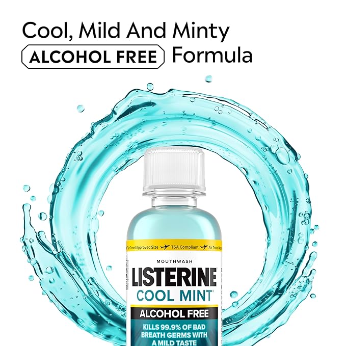 Listerine Alcohol Free Mouthwash, Less Intense Alcohol-Free Oral Care Formula for Bad Breath, Cool Mint Flavor, 3.2 fl. oz (Pack of 2)