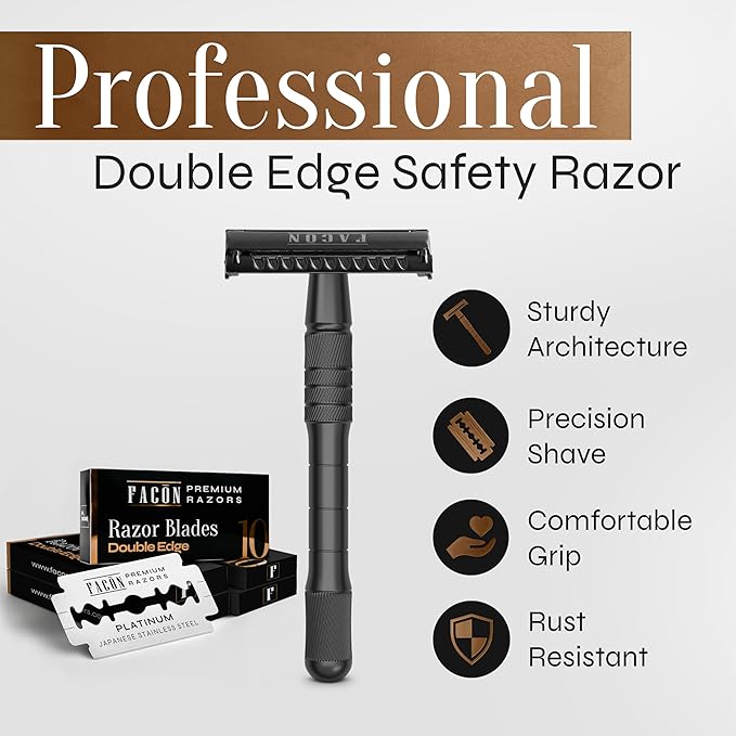 Facón Double Edge Safety Razor for Men & Women - Butterfly Open Stainless Steel Razor w/ 50 Platinum Double Edge Safety Razor Blades, Single Blade Razor for Smooth Close Shave, Reusable & Eco-Friendly