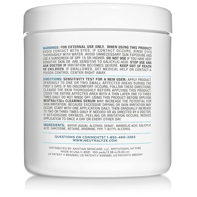 Neutralyze Exfoliating Acne Treatment Wipes - Maximum Strength, Textured Acne Pads with 2% Mandelic Acid & 2% Salicylic Acid for Face & Body - Suitable for All Skin Types, Teens & Adults (100 Wipes)
