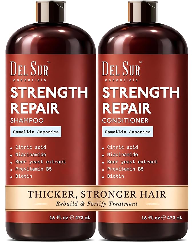 DEL SUR Hair Strengthening Shampoo and Conditioner Set | 16 fl oz Each | with Camellia Japonica, Niacinamide, Provitamin B5 & Biotin | Repair & Hydration for Dry, Weak Hair