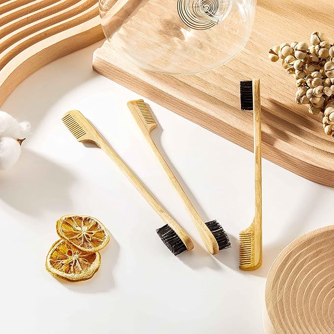 Geiserailie 6 Pieces Moustache Comb and Brush Beard Edge Brushes 2-in-1 Sapling Wood Mustache Comb Gentle Control Bamboo Eyebrow Hair Tool