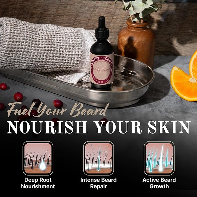 Tuscan Cooper's Baby Faced Beard Oil for Men - All Natural, Hydrating, Nourishing, Beard Softener and Conditioner for All Hair Types Coconut, Jojoba, and Sweet Almond Moisture - Cranberry Citrus Spice