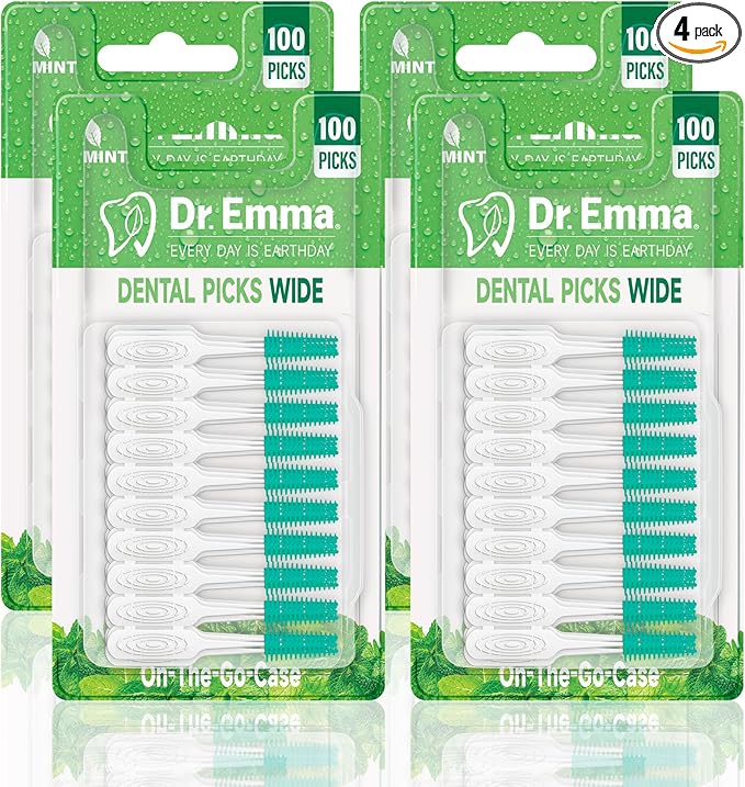 Dr. Emma Dental Picks Wide Space Mint Soft Rubberized Tooth Picks Floss Pick Easy to Use Brush Picks for Teeth Cleaning and Gum Health 100Ct/Pack, 4 Pack(400Ct)
