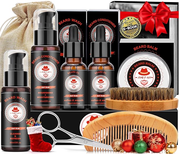 XIKEZAN Dad Birthday Gifts, Beard Care Kit with Bay Rum Beard Oils,Balm,Wash, Conditioner,Brush,Comb,Scissors,Valentines Fathers Mens Christmas Stocking Stuffers Gifts for Men Him Husband Boyfriend