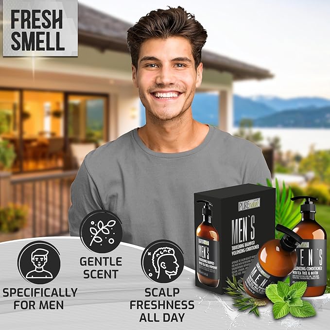 Mens Shampoo and Conditioner Set - Sulfate Free Strengthening and Thickening Formula for Fuller Hair - Helps with Thinning Hair - Formulated for Men - 16 Fl Oz (Set of 2)