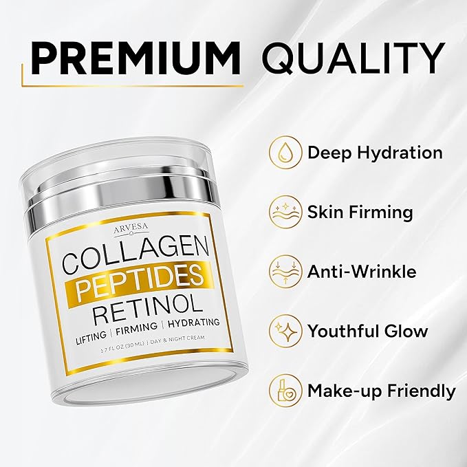 Retinol Cream for Face with Collagen Peptides - Anti Aging Wrinkle Cream for Women and Men - Day-Night Facial Moisturizer with Hyaluronic Acid - Tightening and Skin Firming - Neck & Décolleté