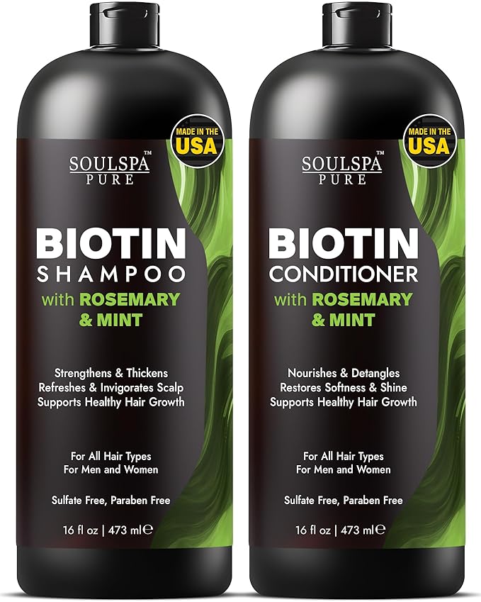 Biotin Rosemary Shampoo and Conditioner Set - Sulfate Free Scalp Care & Hair Strengthening for Thinning, Color-Treated Hair - Rosemary Oil for Men & Women - Made in USA - 16 fl oz Each