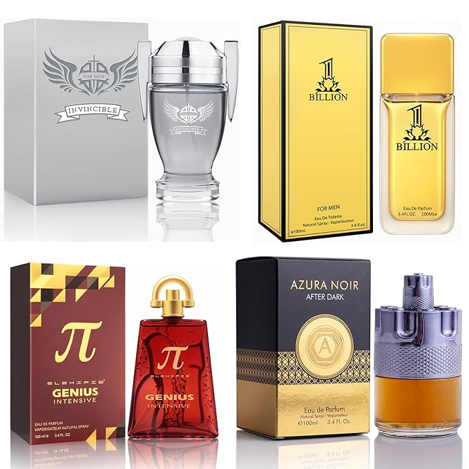 META-BOSEM Mens Cologne Set, EDP, 4 Pack (3.4 oz / 100 mL), AzuraAD, 1 BILLION FOR MEN, Genius Intensive, Invincible, Date Night Signature, for workdays to weekends