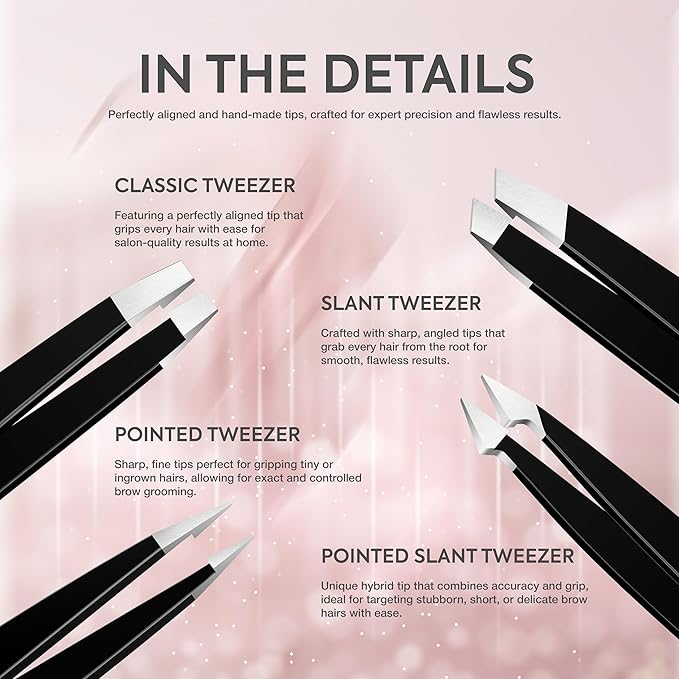 MARKHOR® Black Majesty Eyebrow Tweezers for Women Facial Hair, Splinter and Ingrown Hair Removal Tweezers Set, Professional Pointed and Slant Tweezers for Eyebrows, Precision Tweezers for Eyebrows