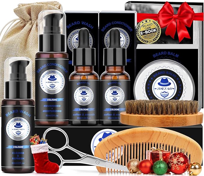 XIKEZAN Boyfriend Birthday Gifts, Beard Grooming Kit with Cologne Beard Shampoo, Oil, Balm, Conditioner, Brush,Comb,Unique Valentines Fathers Christmas Stocking Stuffers Gifts for Men Him Husband