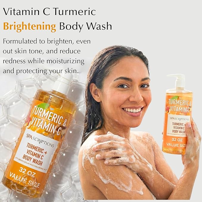 SpaScriptions Turmeric & Vitamin C Body Wash – Brightening Gentle Cleansing Shower Gel Scrub With Hyaluronic Acid for Radiant Glowing Skin & Brown Sugar Exfoliation, Scented, Paraben Free, 32 fl oz