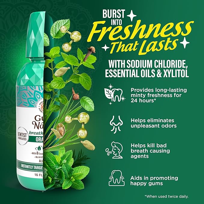 GuruNanda Fresh Breath Mouthwash, ADA-Accepted, Alcohol & Fluoride-Free, Sodium Chlorite, Essential Oils & Vitamins, 12-Hrs Fresh Breath, Wild Mint, 16 oz (Pack of 3)
