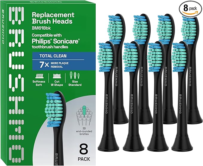 Brushmo Total Clean Replacement Toothbrush Heads, Compatible with Philips Sonicare Click-on Electric Toothbrush Handles, 8 Standard Replacement Heads, Soft Dupont Bristles, BM618, Black