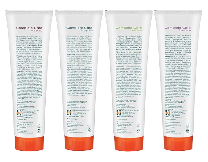 Himalaya Botanique Complete Care Toothpaste, Herbal, Variety Pack, Fights Plaque, Freshens Breath, Fluoride Free, No Artificial Flavors, SLS Free, Cruelty Free, Foaming, 5.29 Oz, 4 Pack