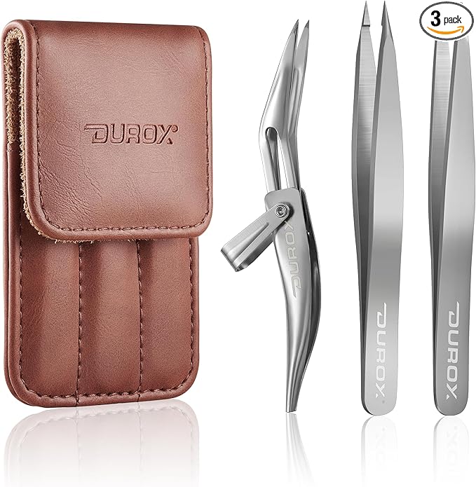 DUROX 3-Piece Tweezer Set — 1.Pointed Ingrown Hair Tweezers, 2.Fine-Tip Splinter Tweezers, 3.Safety Round Tip for Facial & Chin Hair Removal. Made of stainless steel. Protective pouch for safe storage