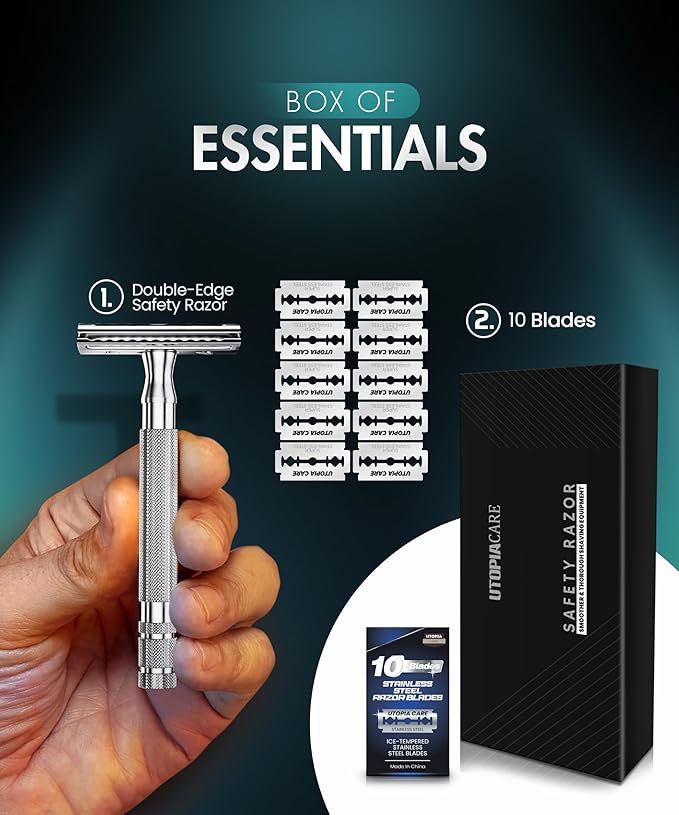 Utopia Care Double Edge Safety Razor for Men & Women with 10 Premium Stainless Steel Blade Refills, Reusable Single Blade Razor, Silver