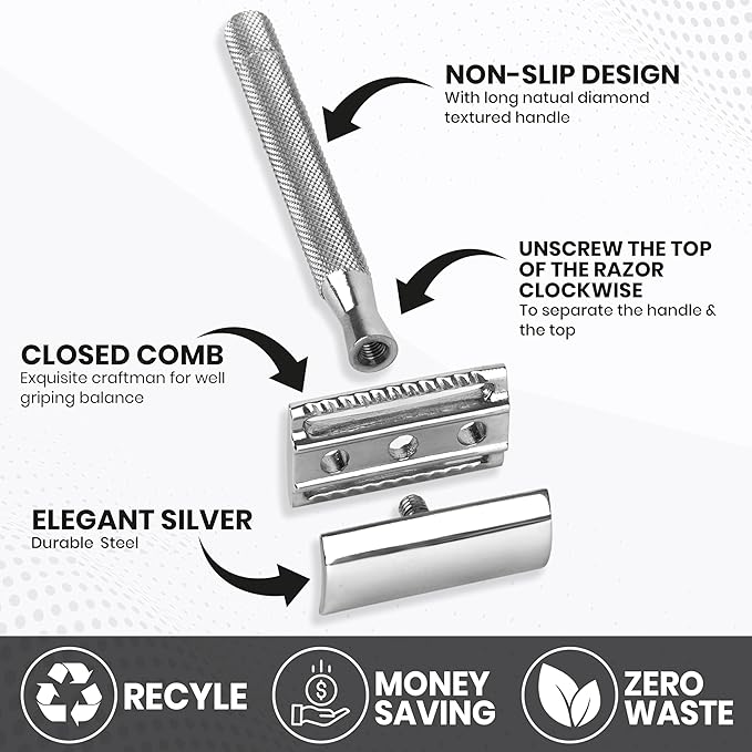 Safety Razor for Men & Women with 10 Double Edge Safety Razor Blades Reusable Double Edge Razor Single Blade Razors for Women & Men Kit Gift Metal Razors Stainless