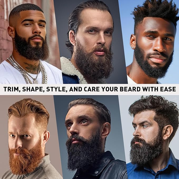 DUAIU 8Pcs Beard Brush and Comb for Men, Boar Bristle Brush and Dual Action Comb - Beard Shaper, Straight Shaving Razor with 10 Blades, Cape, Scissors Styling Cutting Tools with Bag