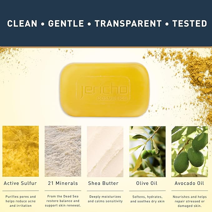 Jericho Dead Sea Sulfur Soap with Olive Oil – Helps with Acne, Psoriasis, Eczema & Blackheads – For Oily to Normal Skin – Vegan Face & Body Bar for Men & Women, 4.4 Oz / 125 g (Pack of 3)