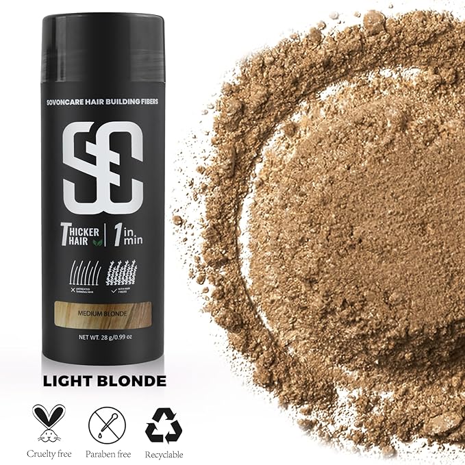 SOVONCARE Hair Fibers for Thinning Hair Medium Blonde, Hair Building Fibers for Bald Spots Undetectable & Natural Conceals Hair Loss Fill In Fine Hair Powder Hair Thicker Instantly for Women & Men 28g