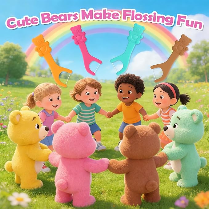 Kids Flossers 100ct, Dental Kids Floss Picks, Biodegradable Heart Bear Flossers, Fluoride & PFA Free, Gifts for Toddlers Teeth, Flossing Sticks for Kids, No Shred Thread, Strawberry Flavored