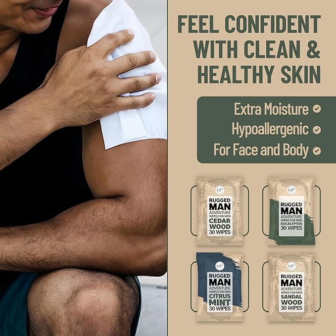 BLKSMITH Refined Man Body Wipes For Men - Cold Shower Face and Body Wipes for Men with Sandalwood, Citrus Mint, Cedarwood & Eucalyptus - Refreshing Mens cleansing Wipe - 120 Count (4 x 30 Pack)