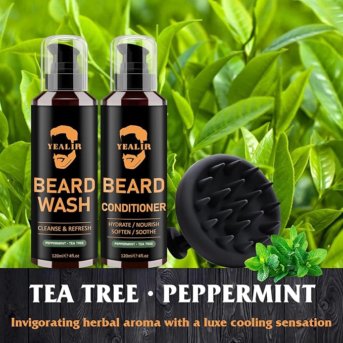 Beard Wash, Beard Conditioner w/Tea Tree Oils, Reduces Beard Dandruff & Relieves Itching, Strengthens, Softens and Nourishes Dry & Coarse Beards - Beard Shampoo w/Beard Brush 2 x 4 Fl Oz