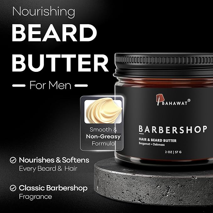 BAHAWAT Hair & Beard Butter for Men Leave-in Conditioner - Barbershop scent - Strengthen & Soften– Made in USA -Organic Natural Ingredients | The Best Beard Butter - 2 oz.
