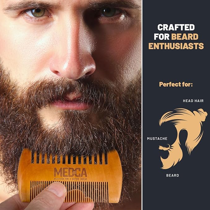 Wooden Beard Comb for Men - Pack of 2, Handcrafted Solid Beechwood Beard Combs, Mustache and Head Hair Pocket Comb with Leather Case - Dual Action Fine & Coarse Teeth