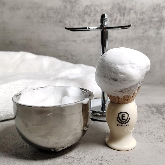 3 in1 Premium Shaving Brush Kit for Men Includes Vegan Badger Synthetic Hair Shaving Brush,Stainless Steel Shaving Soap Bowl,Heavy Safety Stand for Mens Gift (Ivory White)