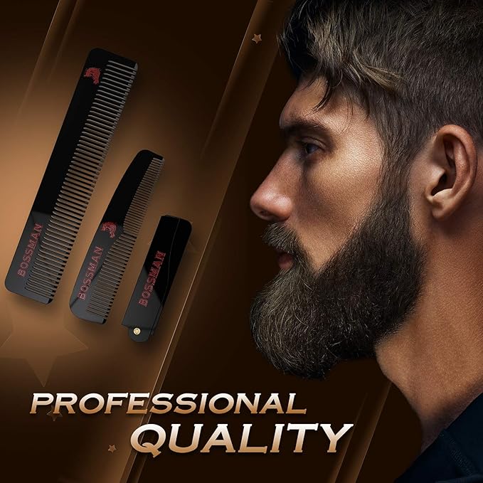 Bossman Acetate Beard, Mustache, & Hair Comb Set of 3 - Combs for Men with Minimalistic Magnetic Box (7.5-Inch, 5-Inch, 3.5-Inch) - Features Rounded Teeth, Double-Sided Teeth, and Foldable Design