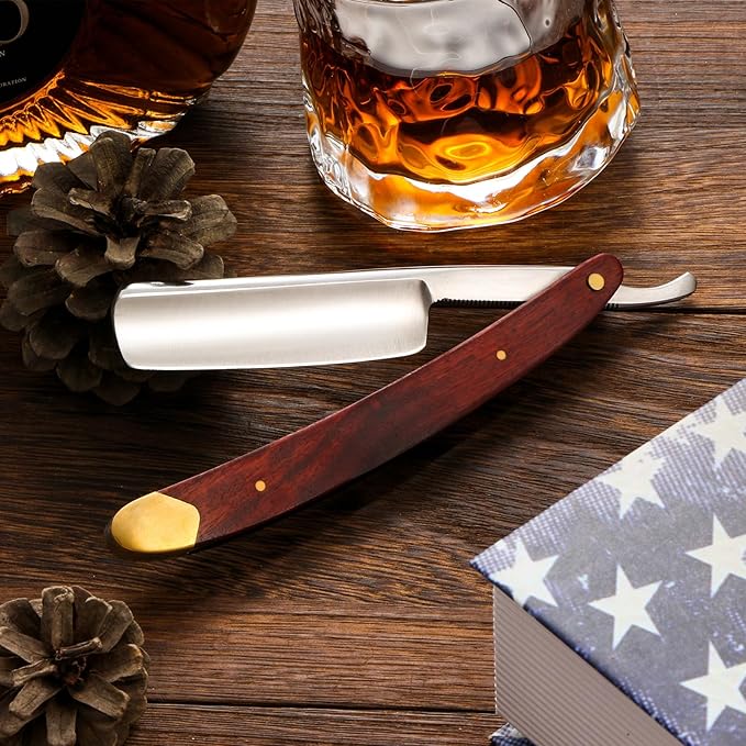 Straight Razors for Men Vintage Straight Razor with Wooden Handle and Steel Straight Razor Blade - Professional Straight Edge Barber Razor Set with Iron Box and Leather Strop