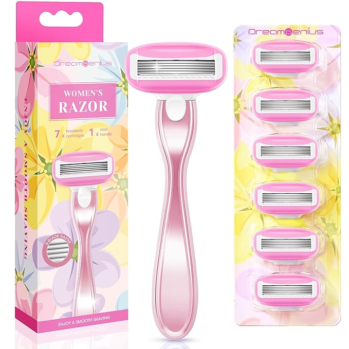 Razors for Women Include 1 Non-Slip Metal Handle and 7 Blade Refills, 5 Premium Blades Women's Razors for Shaving with 360° Lubrication Reduces Irritation, Pink